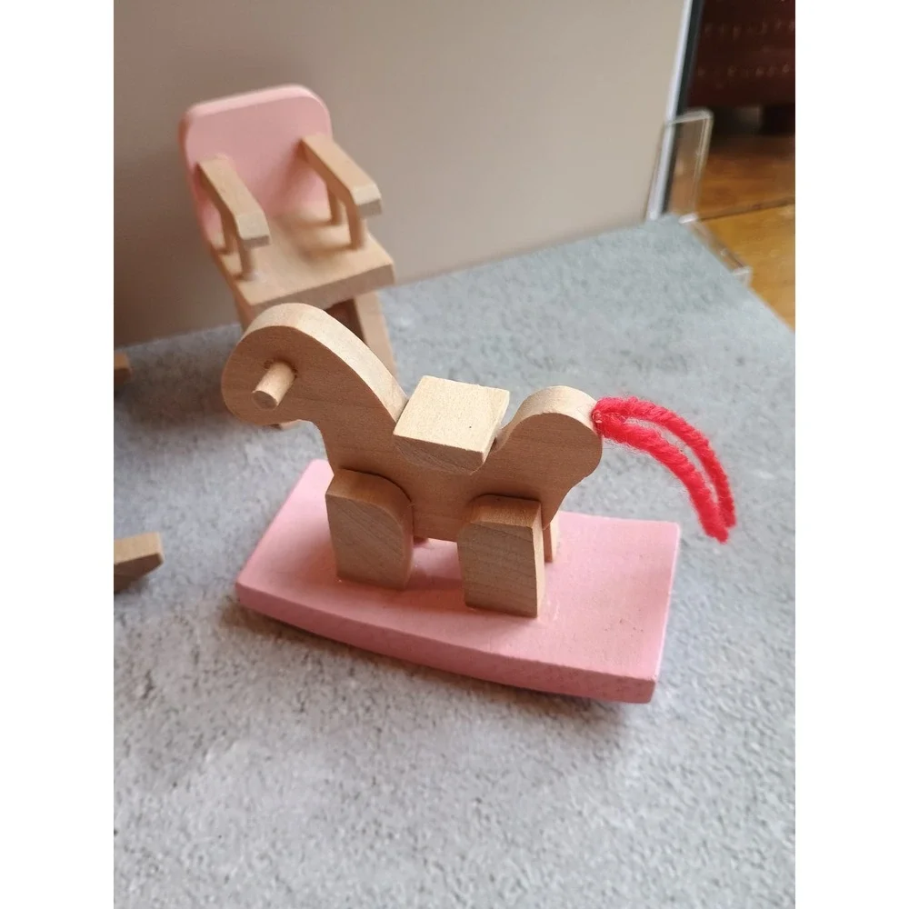 Wood Dollhouse Pink Nursery Set Crib High Chair Rocking Horse Cottage Style